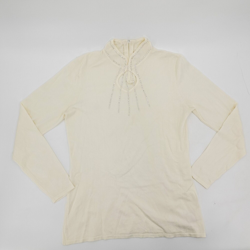 Reba Sweater Womens Medium Ivory White Long Sleeve Rhinestone Mock Neck Pullover